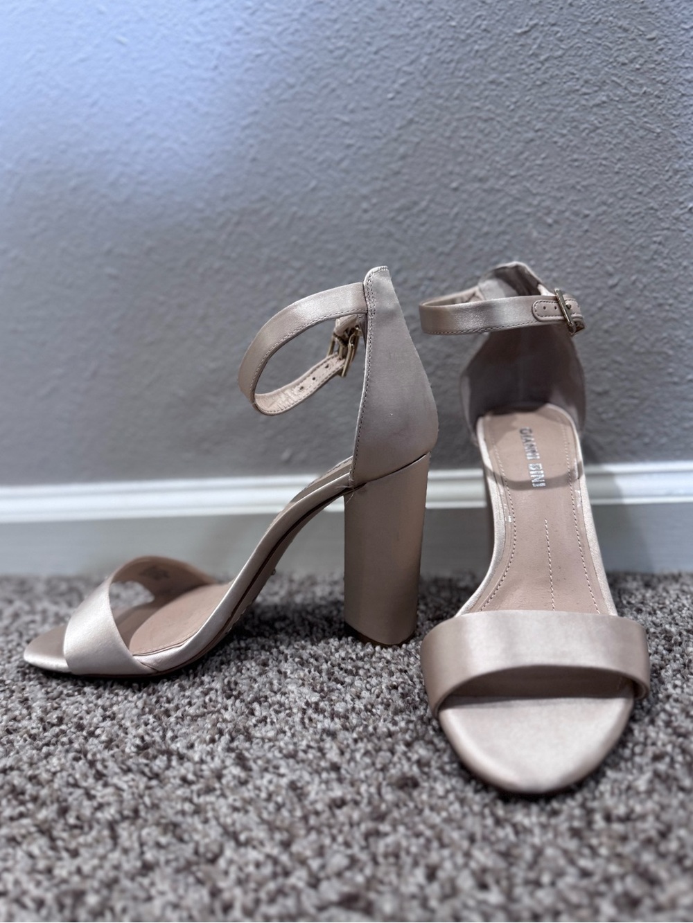 Gianni Bini Satin Ankle-Strap Block Heels - Champagne Taupe